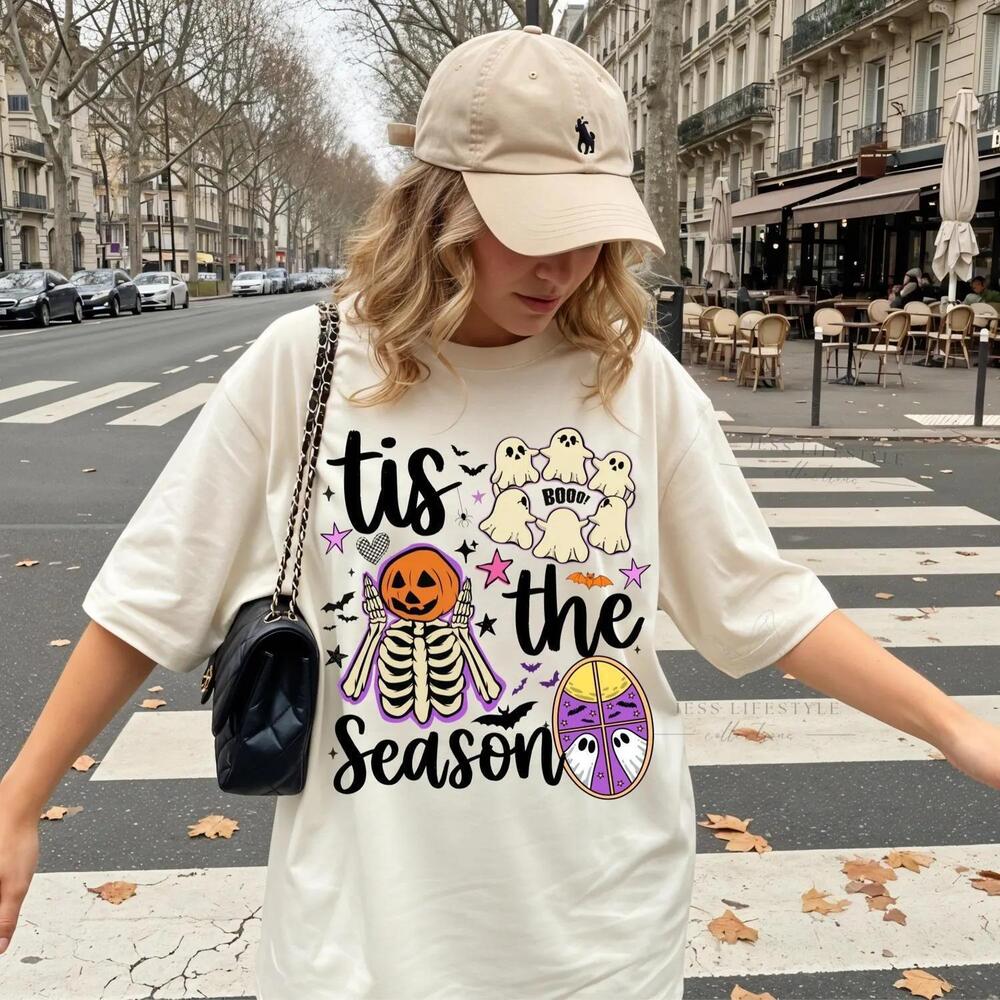 Tis The Season Halloween T-Shirt, Pumpkin Skeleton Ghost Tee, S Shirt